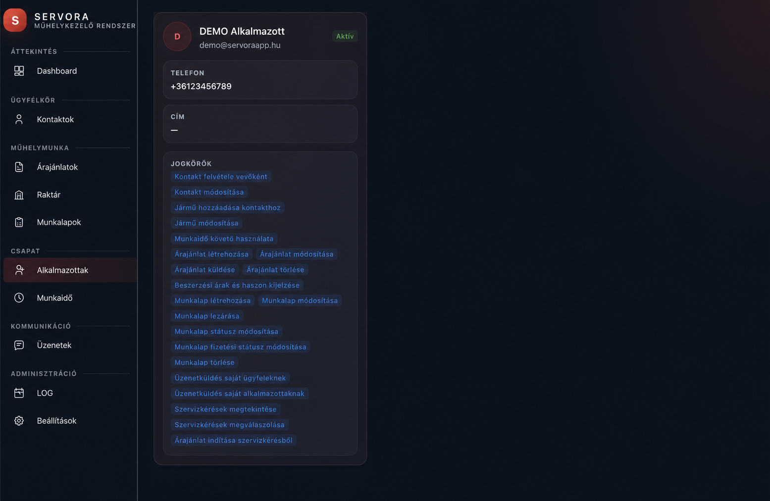 Servora alkalmazottak lista DEMO adatokkal