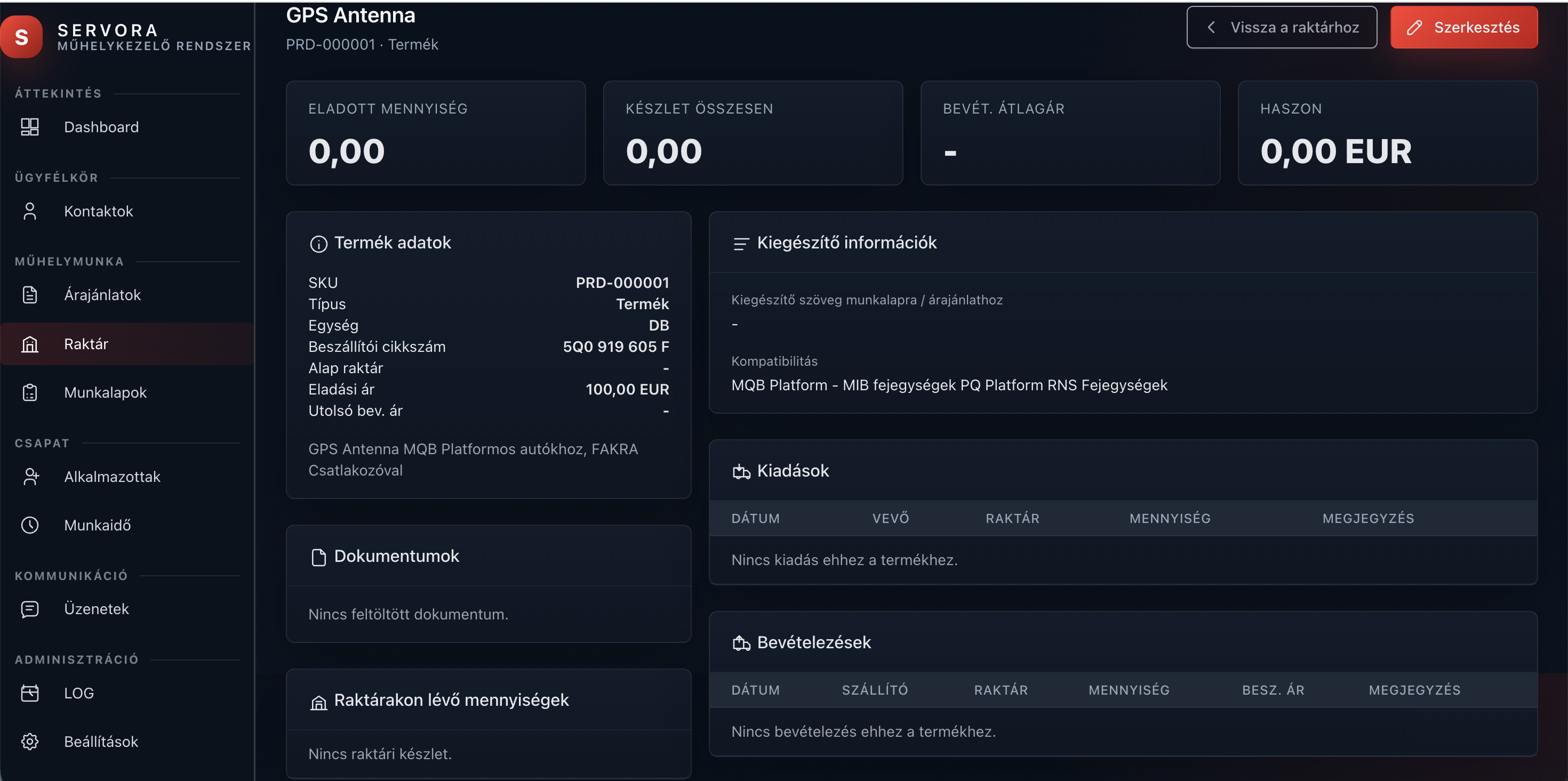Servora raktár termék részletek előnézet