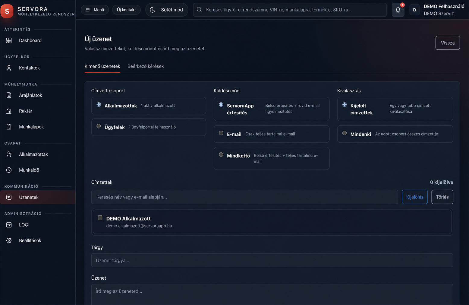 Servora új üzenet létrehozása DEMO címzettel és e-mail-címmel